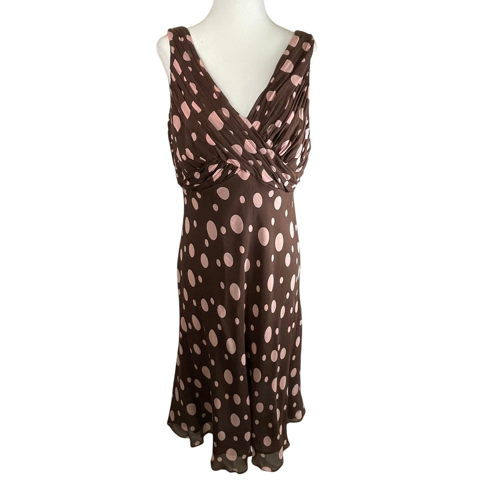 Anne Klein 14P Silk Y2K Polka Dot Dress Brown Pink Ruched Sleeveless‎ Midi
